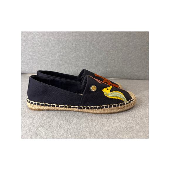 Tory Burch Seahorse Espadrilles Navy Canvas Jute Slip-On Flats Size 6.5 - Picture 2 of 7